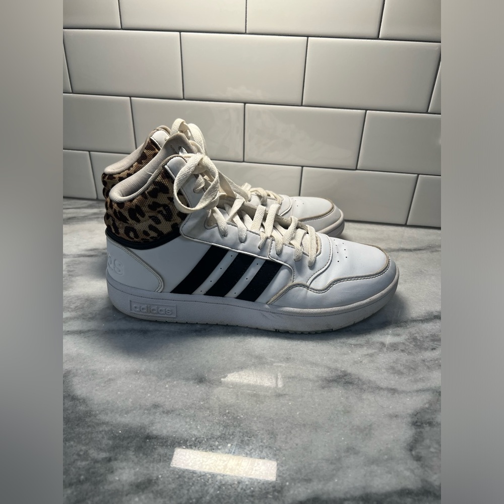adidas White High-Top Sneakers with Black Stripes and Leopard Collar